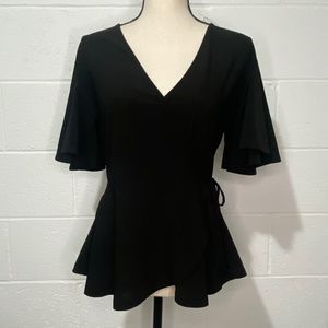 Leith Black Flutter Sleeve Faux Wrap Blouse